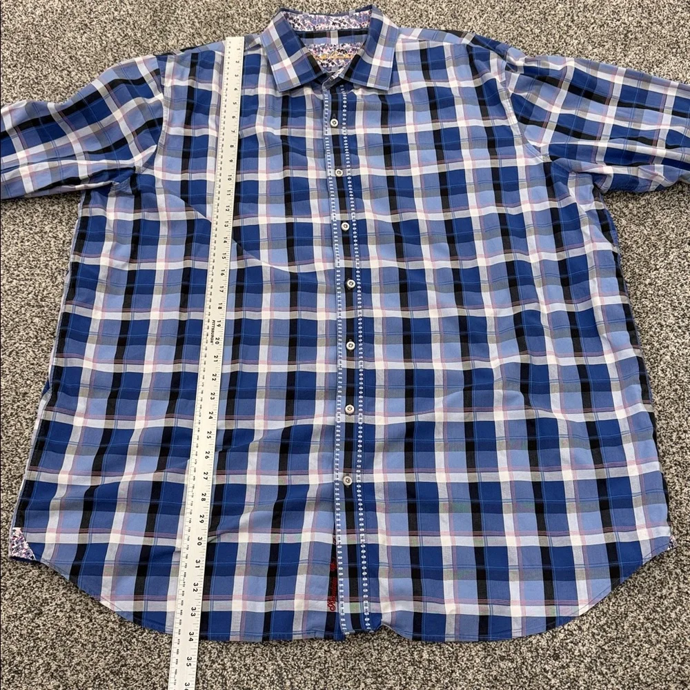 Robert Graham Blue White Plaid Button Down Cuff and Collar Accents Shirt 2 XLT